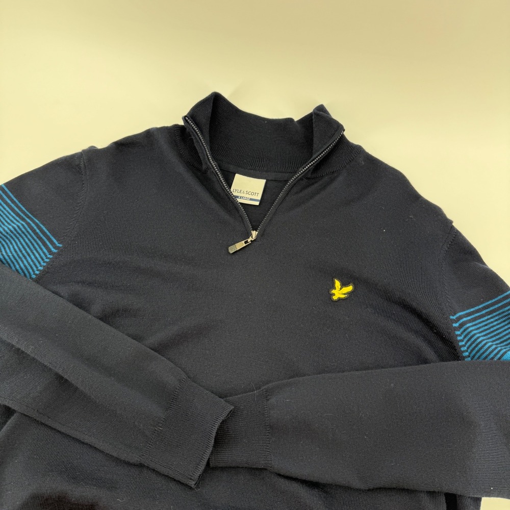 Lyle & Scott Mens XL Quarter Zip Wool Blend Sweater‎ Navy Blue Striped KN1042G